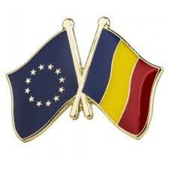 Insignă cu pin 2 steaguri România și UE