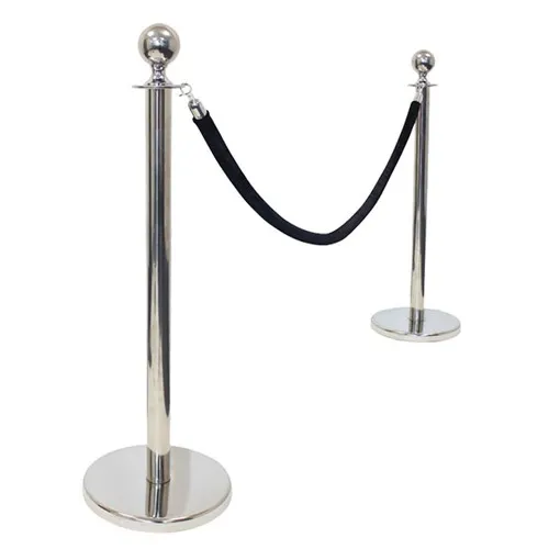 Pair of two silver barrier post and one black rope