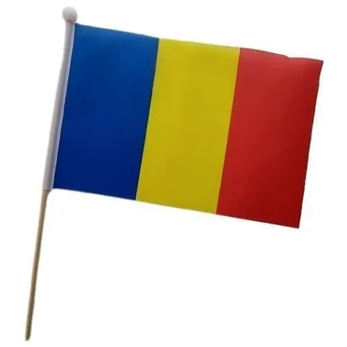 Drapelul României, dimensiuni 15/21 cm., preț minimal, băț din lemn