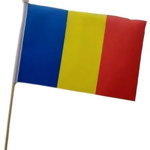 Drapelul României, dimensiuni 15/21 cm., preț minimal, băț din lemn