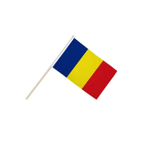 Drapelul României, dimensiuni 15/21 cm., preț minimal, băț din lemn