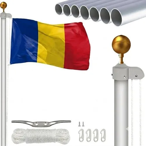 Set steag România cu catarg din aluminiu, modular, cu vârf decorativ tip sferă