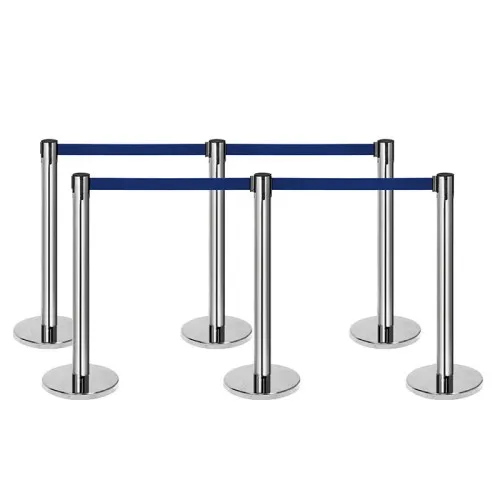 Silver queuing barrier post with blue belt 220 cm.