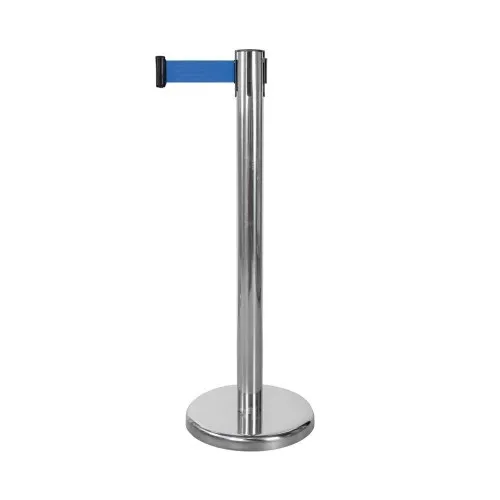 Silver queuing barrier post with blue belt 220 cm.
