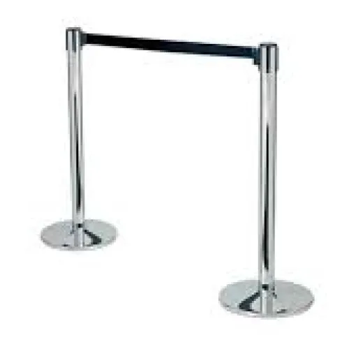 Silver queuing barrier post with black belt 220 cm.