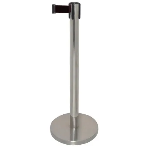 Silver queuing barrier post with black belt 220 cm.