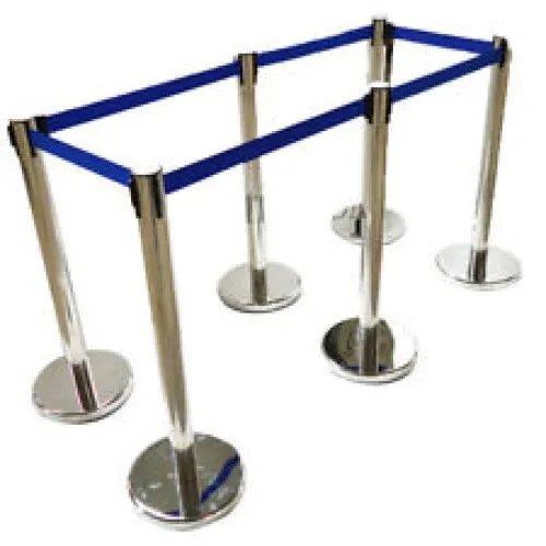 Silver queuing barrier post with blue belt 220 cm.