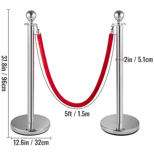 Pair of two silver barrier post and one red rope