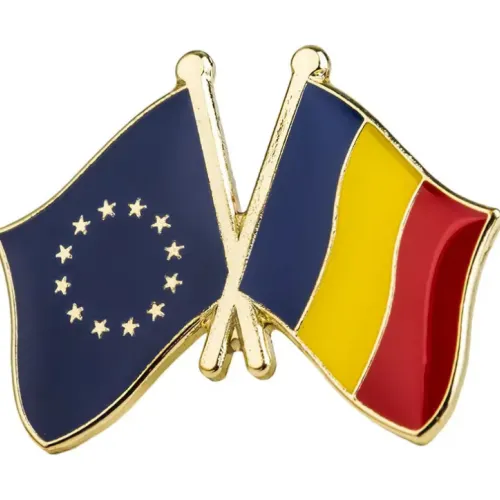 Insignă cu pin 2 steaguri România și UE
