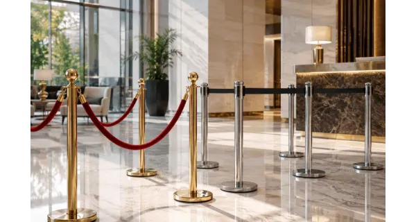 Queuing barrier posts with rope or belt