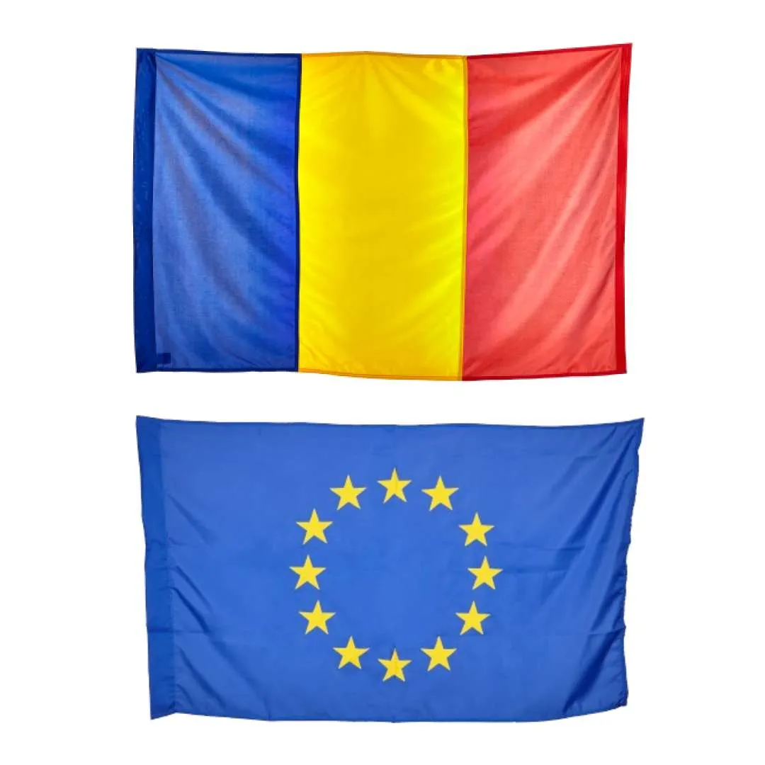 Steagul României și steagul Uniunii Europene 90 × 135 cm pentru exterior