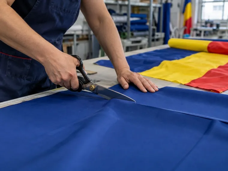A worker cutting blue flag fabric with tailor's shears on the cutting table.