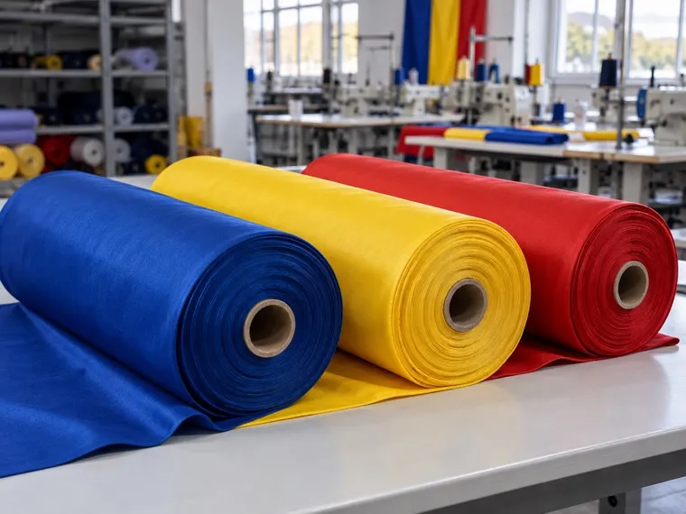 Rolls of blue, yellow and red polyester flag fabric ready on the workshop table.