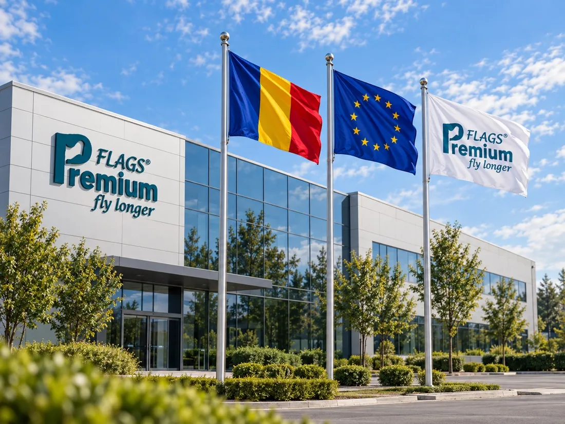 The Premium Flags premises, with the Romanian flag, the European Union flag and the Premium Flags corporate flag flying outside the building.