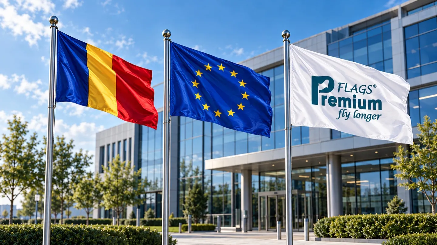 The Romanian flag, the European Union flag and the Premium Flags corporate flag flying outside an office building.