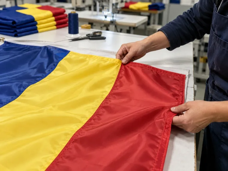Checking the finishing of a completed Romanian flag before it is packed.