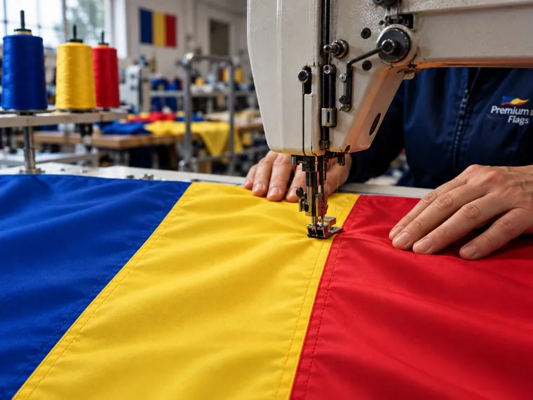 Close-up of an industrial sewing machine joining the blue and yellow panels of a flag.