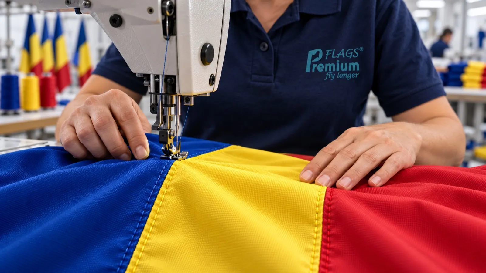 A Premium Flags seamstress joining the panels of a Romanian flag on an industrial sewing machine, using thread matched to each panel colour.