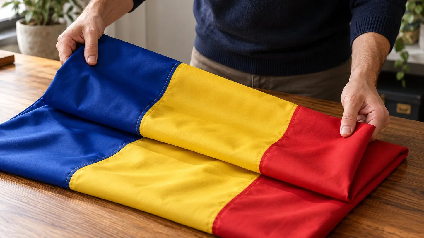 Carefully folding a flag of Romania