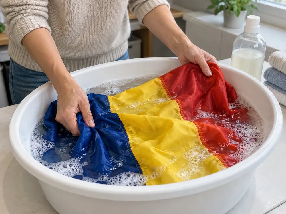 Hand washing a flag of Romania in lukewarm water