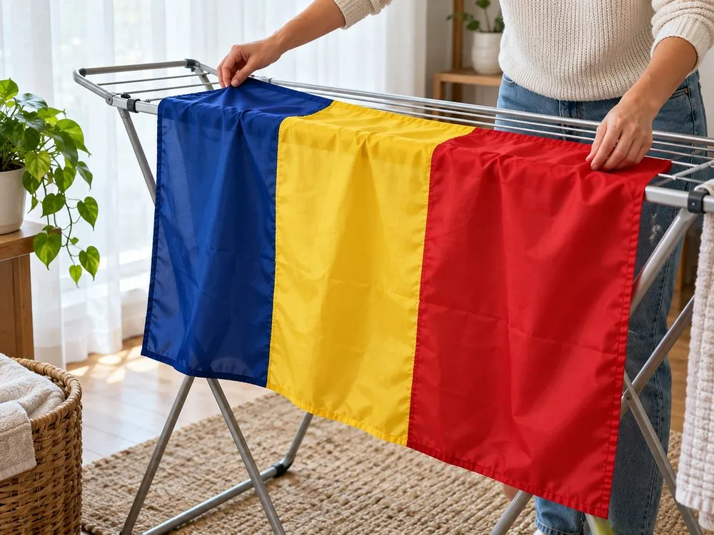 A flag of Romania drying naturally in a well-ventilated room