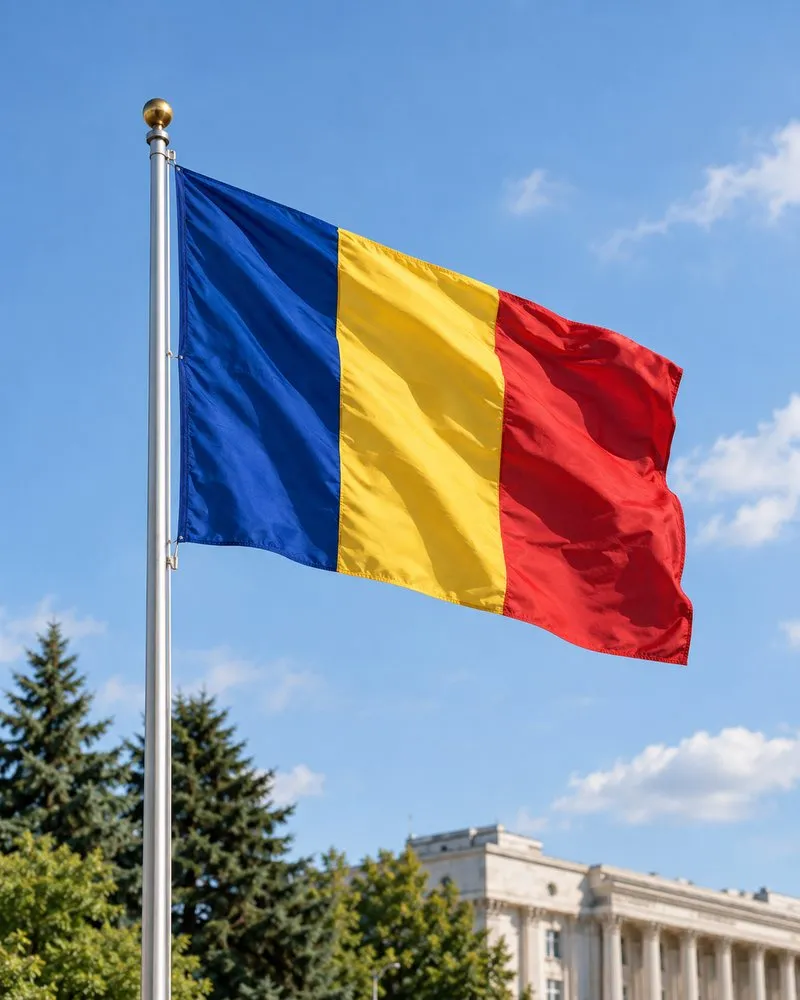 Drapelul României arborat pe catarg în fața unei clădiri publice