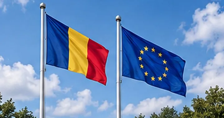 Steagurile României și Uniunii Europene pe catarge exterioare