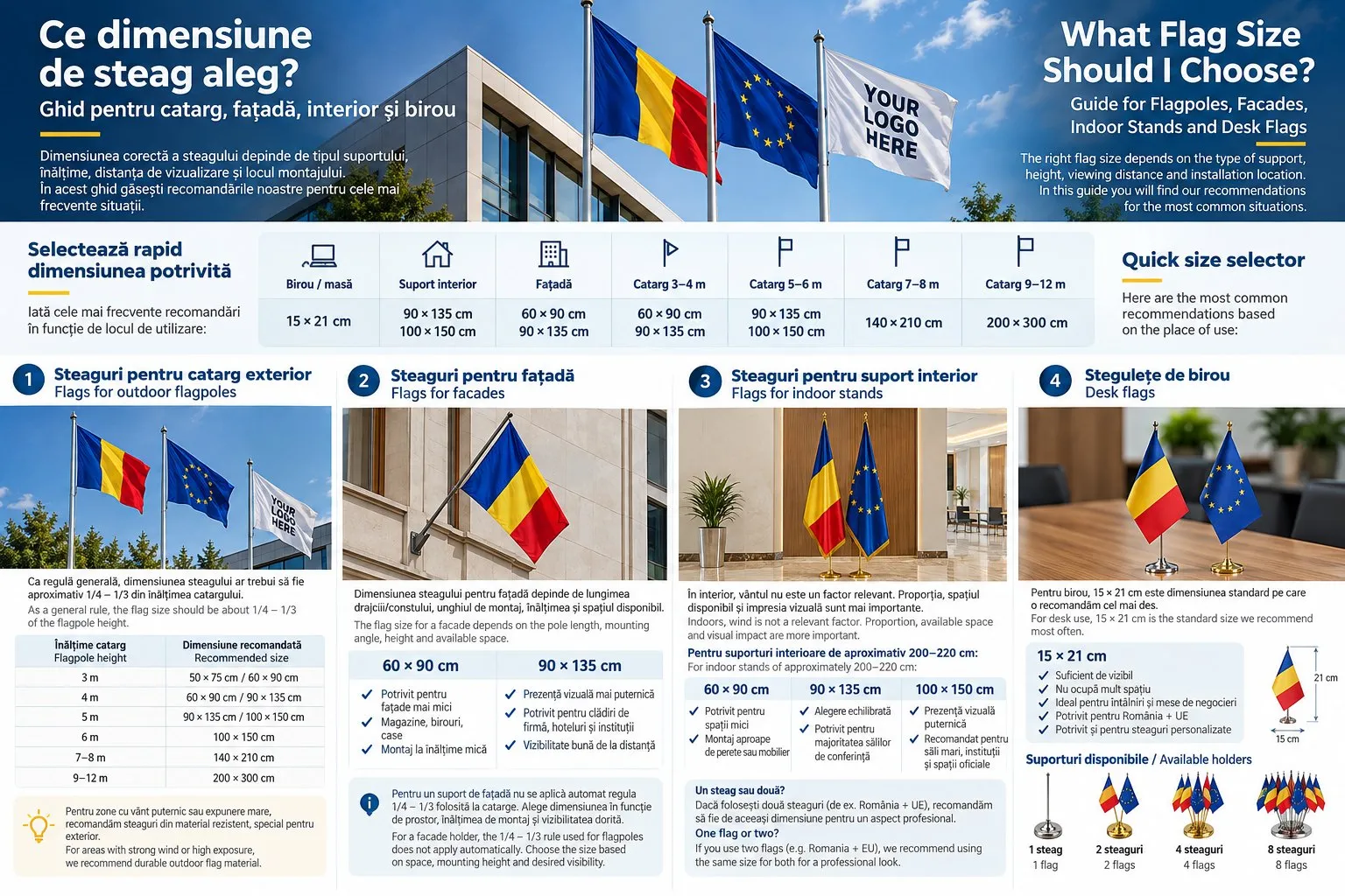 Premium Flags infographic: recommended flag sizes for desks, indoor stands, facades and 3–12 m flagpoles