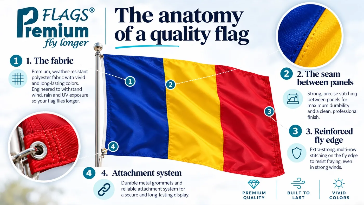 The anatomy of a quality flag: the fabric, the seam between panels, the reinforced fly edge and the attachment system with metal grommets