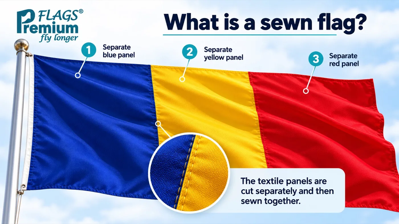 Sewn Romanian flag with the blue, yellow and red panels labelled separately and a magnified view of the seam between the blue and yellow panels