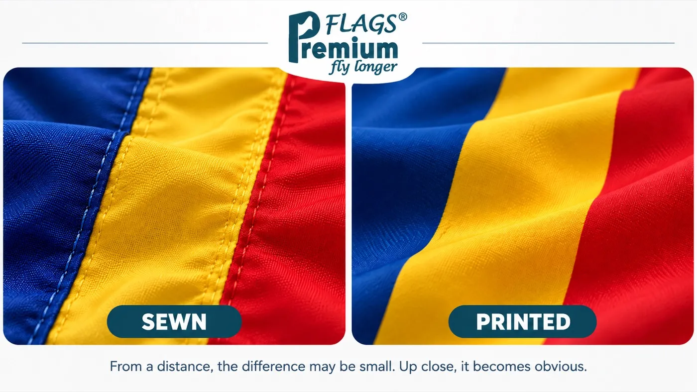 Close-up comparison of a sewn Romanian tricolour with visible seams and a printed one with a continuous surface