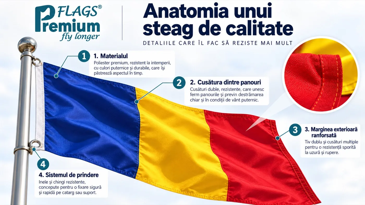 Anatomia unui steag de calitate: materialul, cusătura dintre panouri, marginea exterioară ranforsată și sistemul de prindere cu inele și chingi
