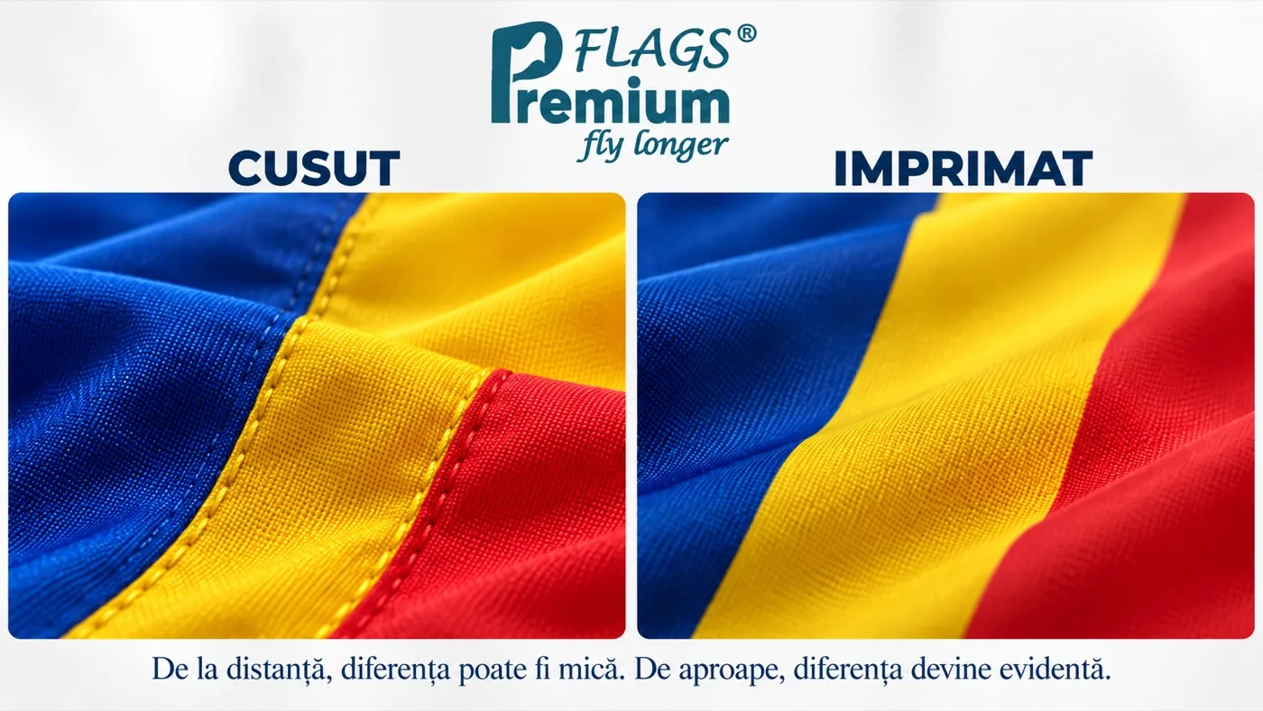 Comparație de aproape între un tricolor românesc cusut, cu cusături vizibile, și unul imprimat, cu suprafață continuă