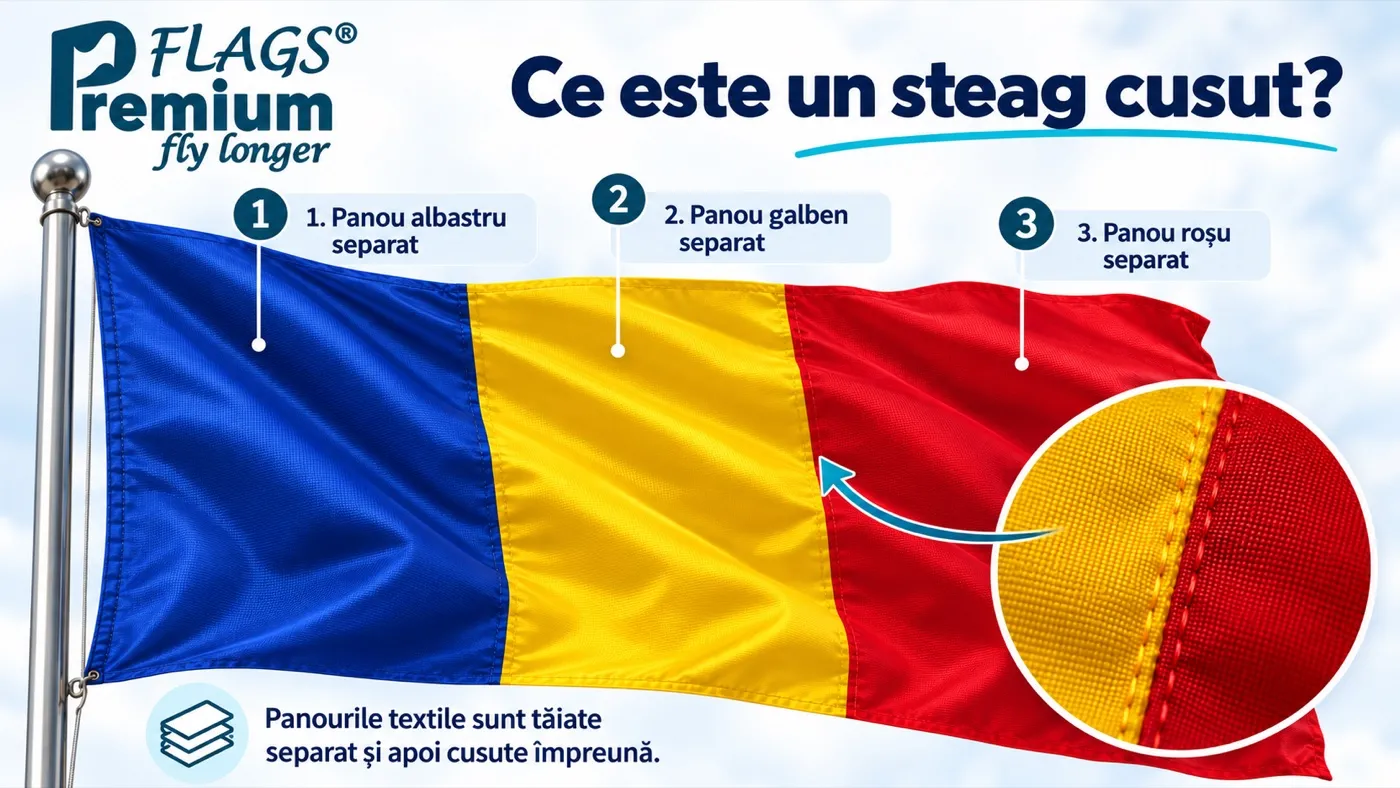 Steag al României cusut, cu panoul albastru, panoul galben și panoul roșu marcate separat și un detaliu mărit al cusăturii dintre galben și roșu